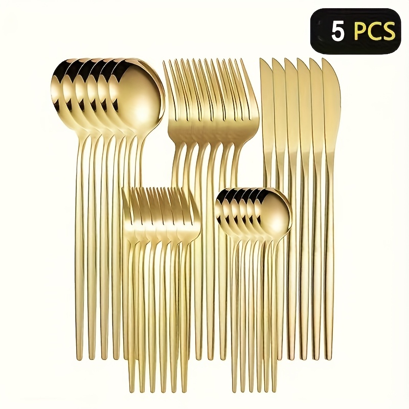TEMU 5pcs Elegant Golden Stainless Steel Cutlery Set- Includes Knives, Forks, Soup Spoons, And Dessert Spoons- Dishwasher Safe, Suitable For Home,