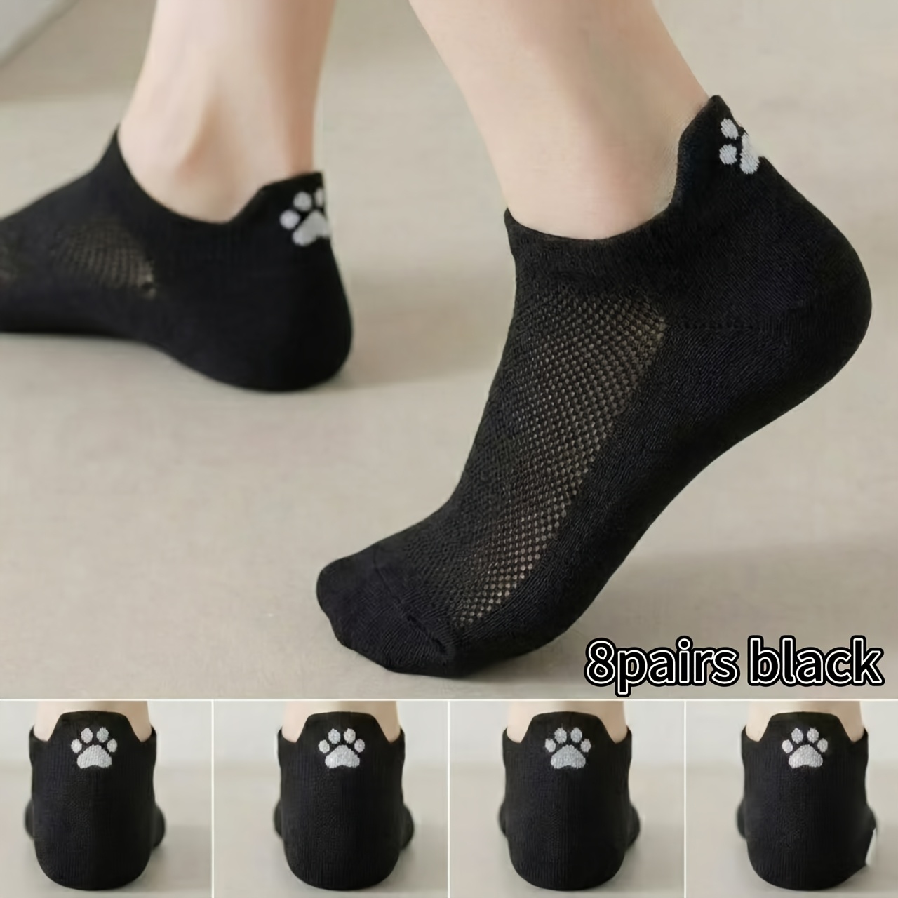 TEMU 8 Pairs Cute Cat Paw Pattern Summer Thin Short Socks, Suitable For Various Scenes Of Travel Short Socks, Comfortable Breathable Sweat-absorbing