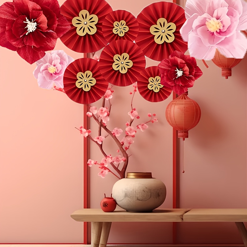 

10pcs Chinese New Year Paper Flower And Set, Wall & Background Decorations, No Electricity Needed, Restaurant And Holiday Decor, Universal Celebration Paper Crafts