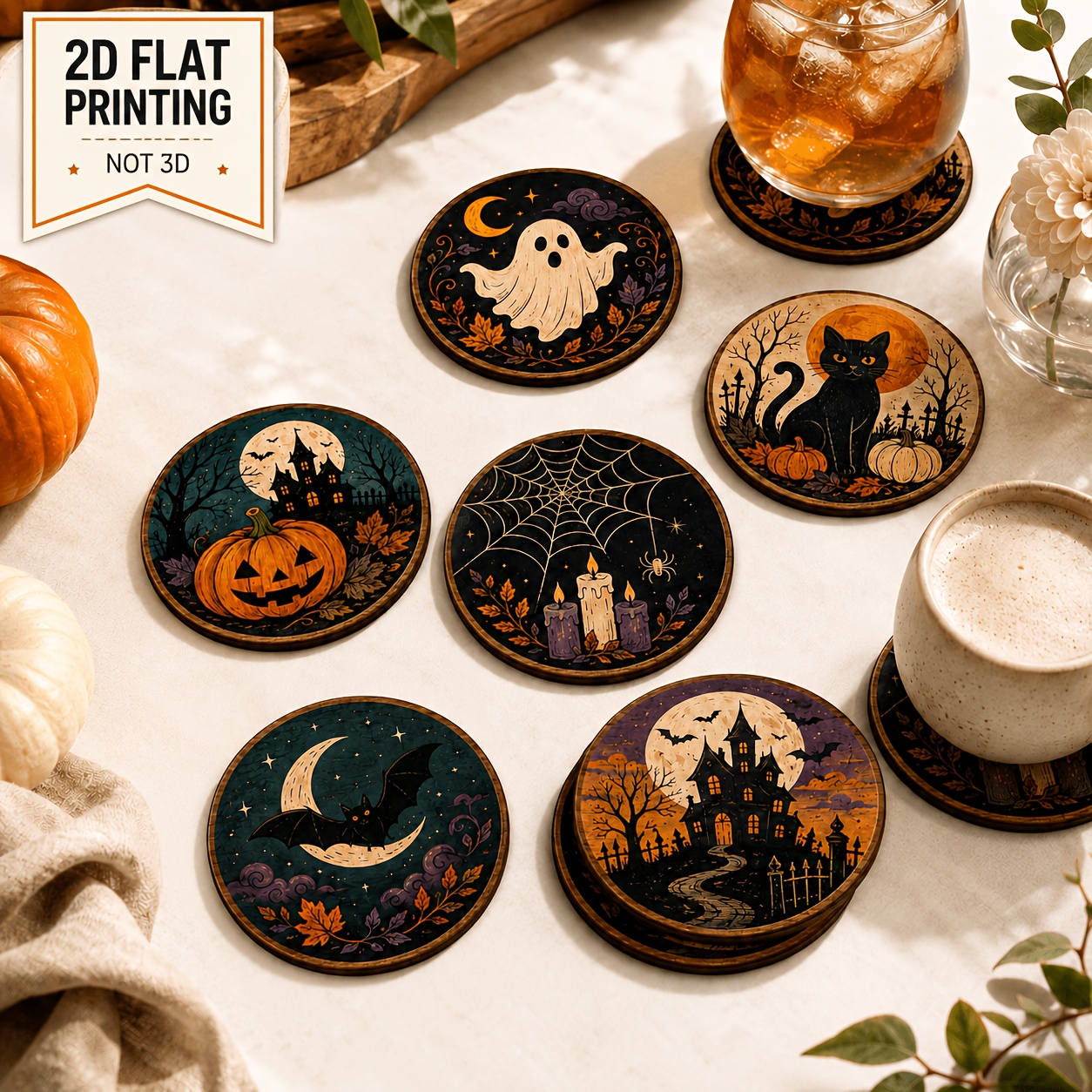 TEMU 6pcs Halloween Wooden Coaster Set, 10cm Round, 2d Flat Uv , Not 3d, Featuring Pumpkin, , Black Cat, Bat, And Haunted House Designs, Suitable For