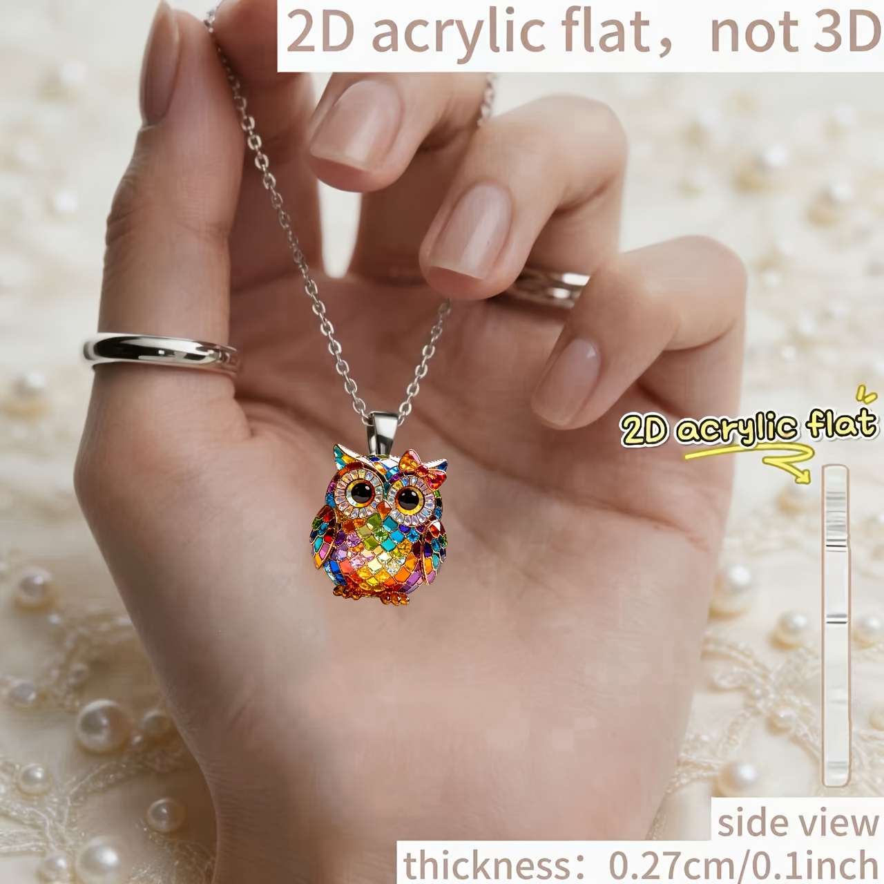 TEMU 2d Flat - [2d Flat] 1pc, 2d Acrylic Colorful Rhinestone Owl New Y-shaped Women's Necklace, Pendant Fashion Sweater Chain, Birthday Party Gift,