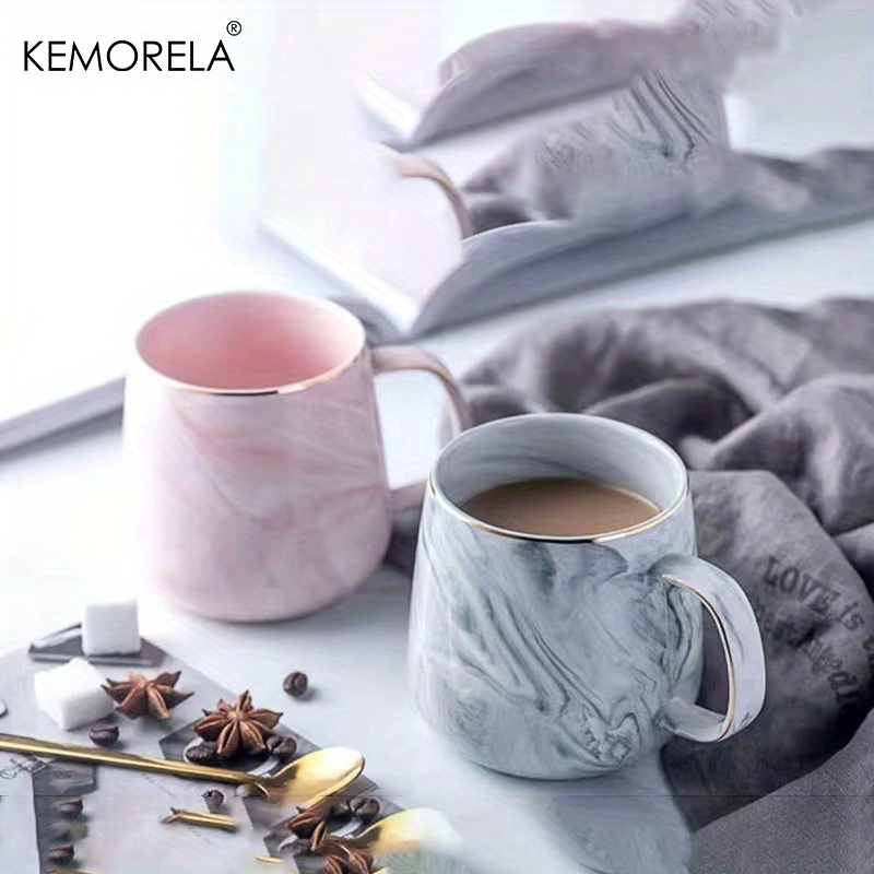 Kemorela Of 2 Marble Design Ceramic Coffee Cups With Golden Edges, Ideal For Oatmeal And Breakfast, Perfect For Valentine's Day Couples