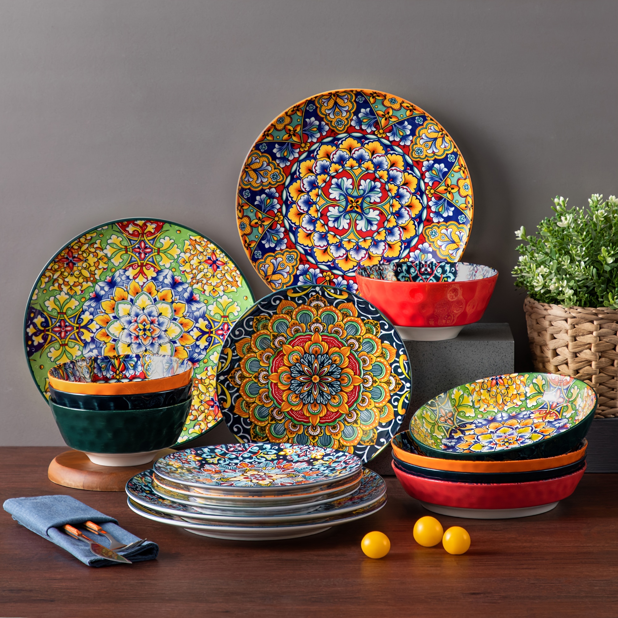 

16 Piece Dinnerware Set Stoneware Bohemian Style Tableware With Dinner Plate Dessert Plate Pasta Bowl Cereal Bowls Service For 4