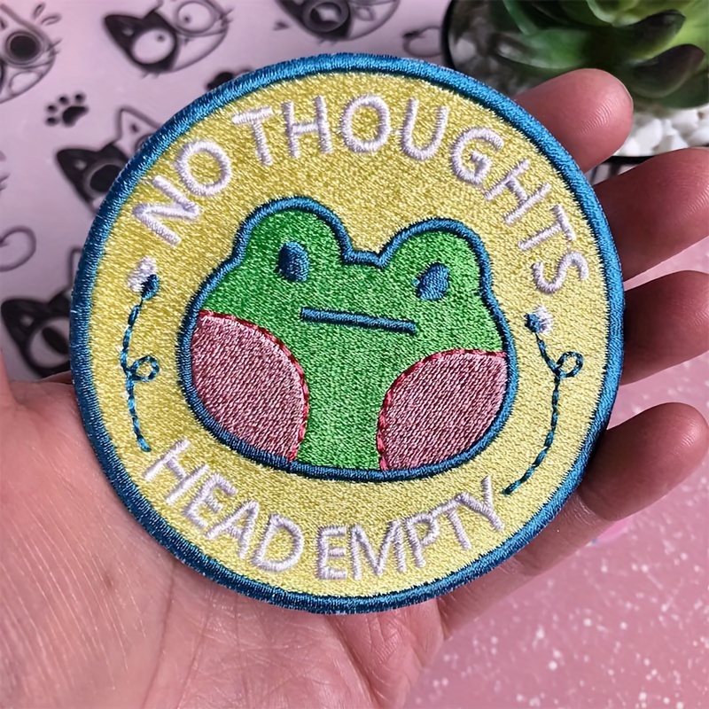 Frog Embroidered Iron-On Patch Appliqué - 'No Thoughts Head Empty' Meme - Mixed Color 1-Pack for Jackets, Jeans, Bags