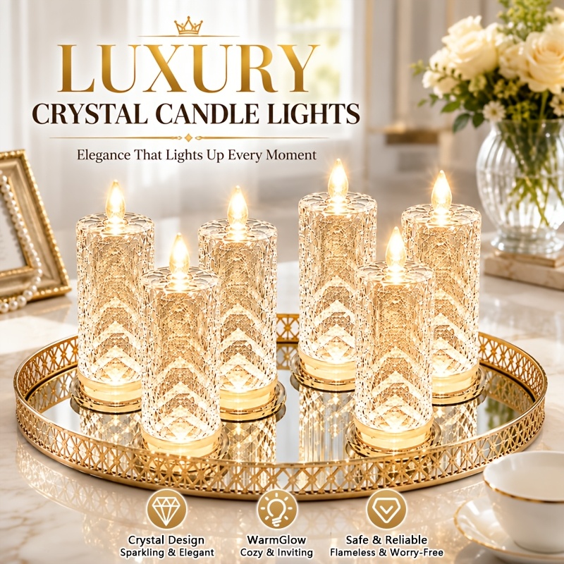 TEMU 6pcs Rose Light Effect Clear Candle Lamp, 6pcs Crystal Led Flameless Candle With Button Switch, Warm White Desktop Decoration, Suitable For