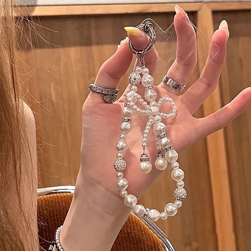 Women's Short Adjustable Phone Strap, Pearl Beaded Bow Chain Strap, Premium Outdoor Wrist Strap For Mobile Keychain Camera Bag Accessory