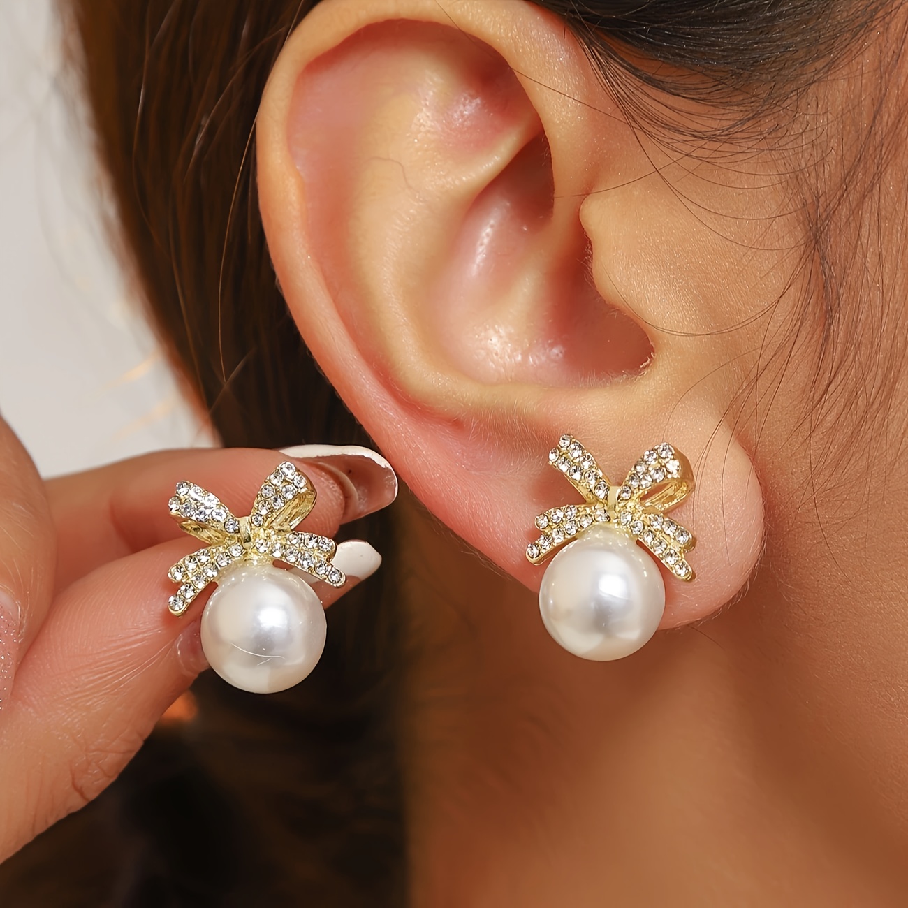 TEMU 1 Par de Elegantes Aretes , Diamantes de y Perlas de para Mujer - Ideales para Uso Diario y Fiestas, para de San Valentín, Aretes de Perlas