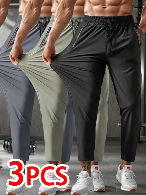 3pcs mens silky pants sporty and casual breathable cool and mixed 3 color versatile pocket with letter zipper design stretchy and quick drying suitable for fitness jogging cycling and daily casual wear