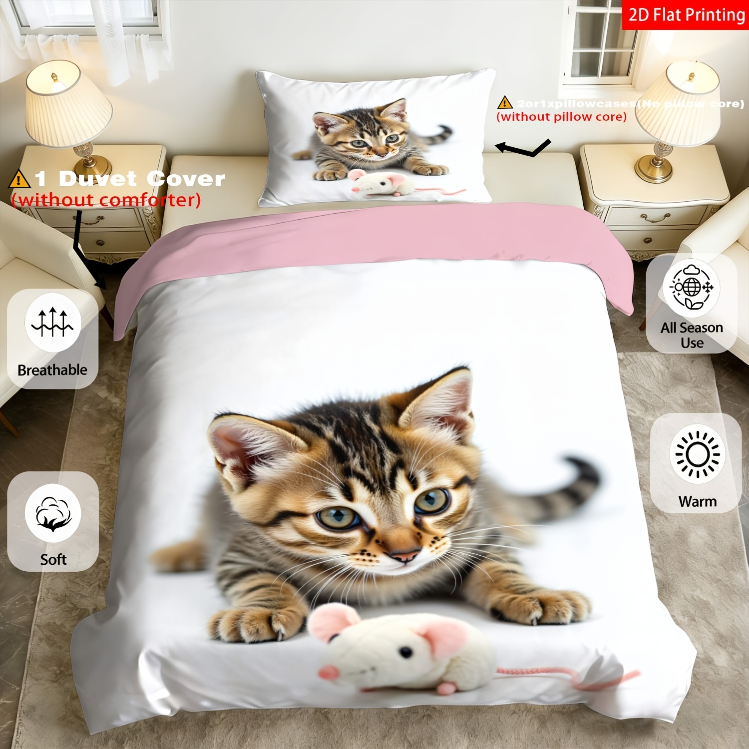 TEMU 2/3pcs 2d Flat Printing Modern Minimalist Theme Quilt Cover Bedding White With Realistic Kitten And Plush Mouse Print Pattern Suitable For