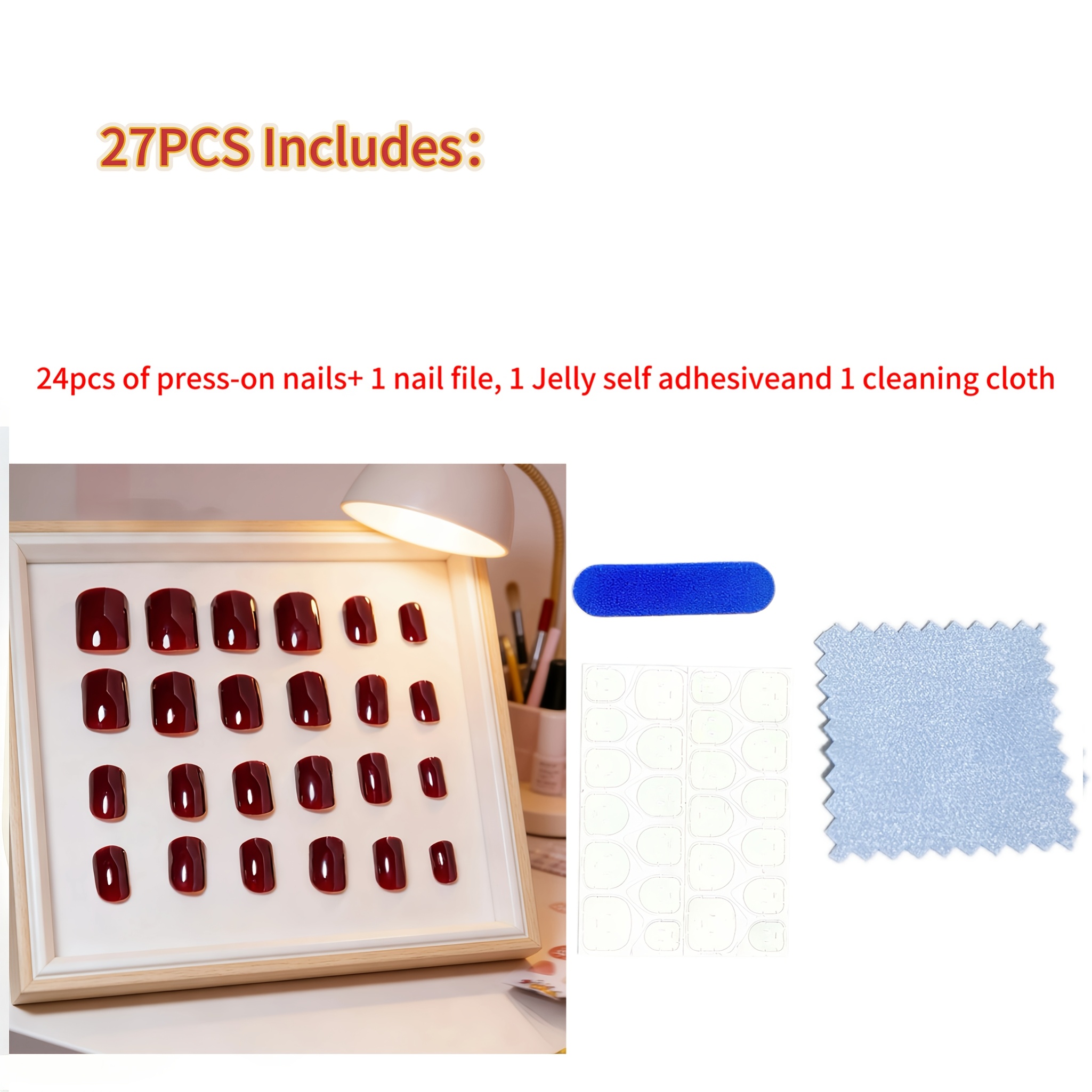 TEMU 27pcs (contains 24 Nail Tips, 1 Nail File, 1 Sheet Of Jelly Self-adhesive Tabs And 1 Cleaning Cloth) Glossy Press On Nails Short Square Burgundy