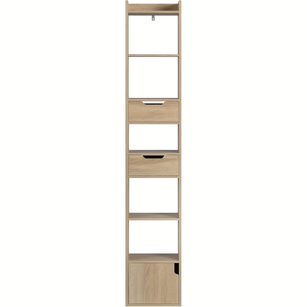 1pc Bookshelf Vertical Bookshelf Storage Shelf Office Bookshelf, Made Of Panels, Suitable For Living Rooms, Bedrooms And Offices, Contains 6 Shelves 2 Drawers 1 Door, Light Oak Colour