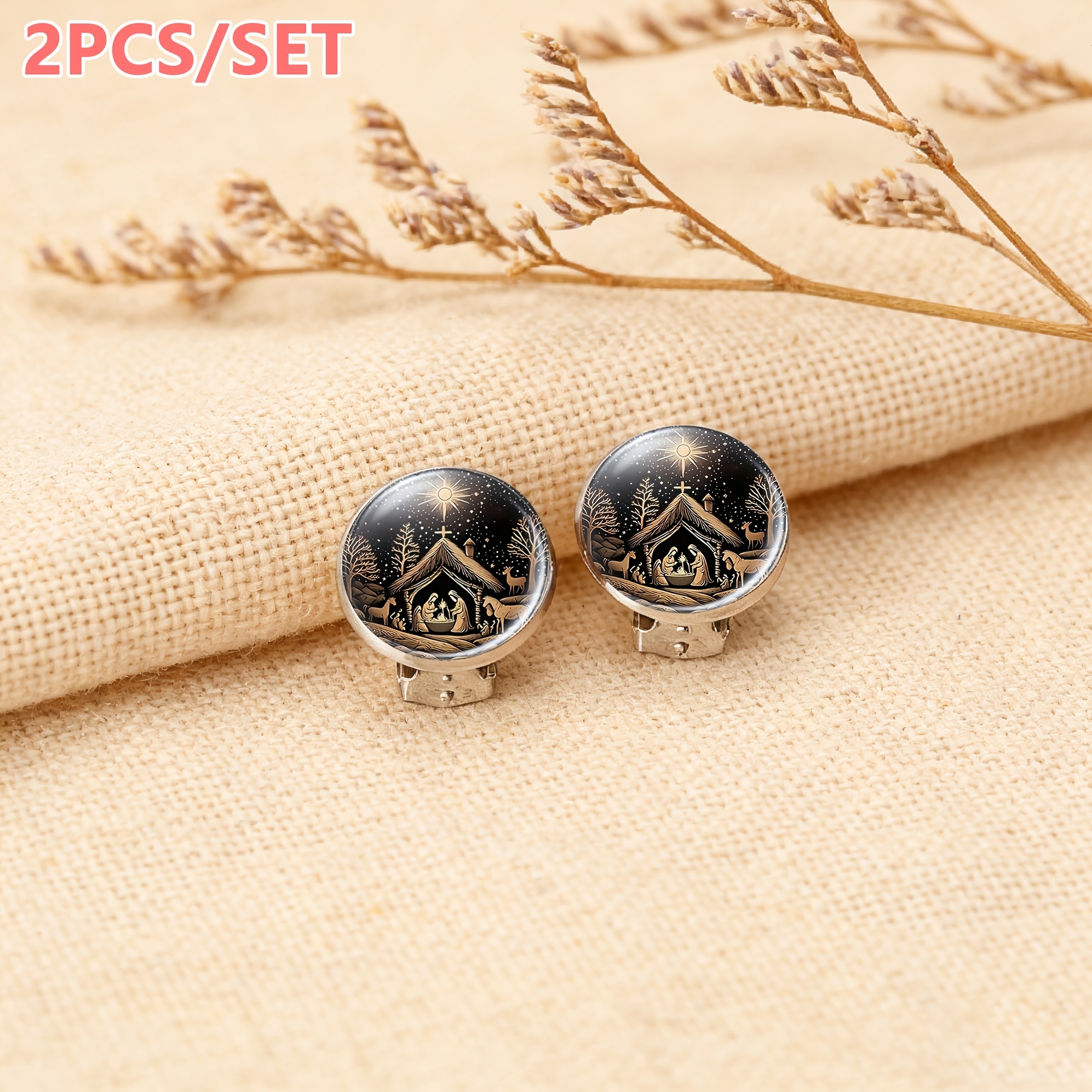 2pcs No-piercing Round Glass Women's Earrings Set, Christmas Design