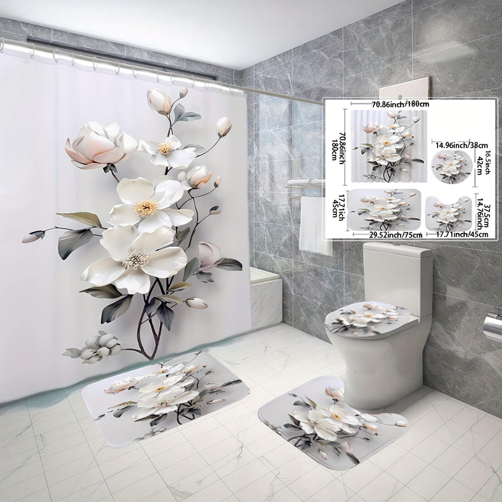 

1/3/4pcs Flower Pattern Shower Curtain Set, Waterproof Bathroom Partition Curtain With Hooks, Non-slip Bath Rug, Toilet U-shape Mat, Toilet Lid Cover Mat, Bathroom Accessories