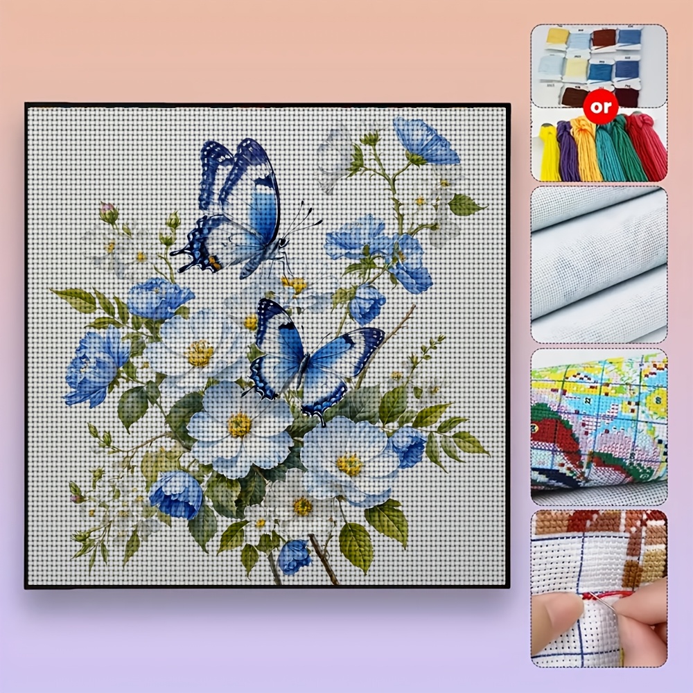 DIY Cross-Stitch Printed Kit, Unframed Blue and White Flowers with Butterflies Pattern