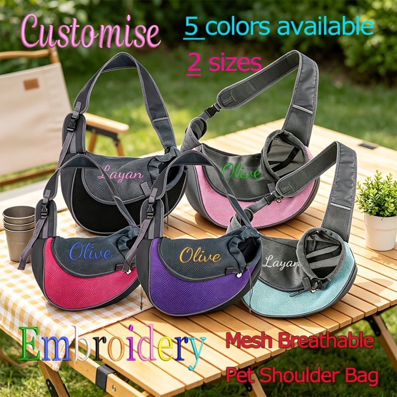 Custom Embroidered Pet Outing Shoulder Bag, Mesh Breathable Adjustable Shoulder Strap Cat and Dog Portable Carrier, Available in 5 Colors and 2 Sizes, Outdoor Pet Walking Bag, Cat and Dog Personal Carry Storage Bag, a Practical and Thoughtful Gift