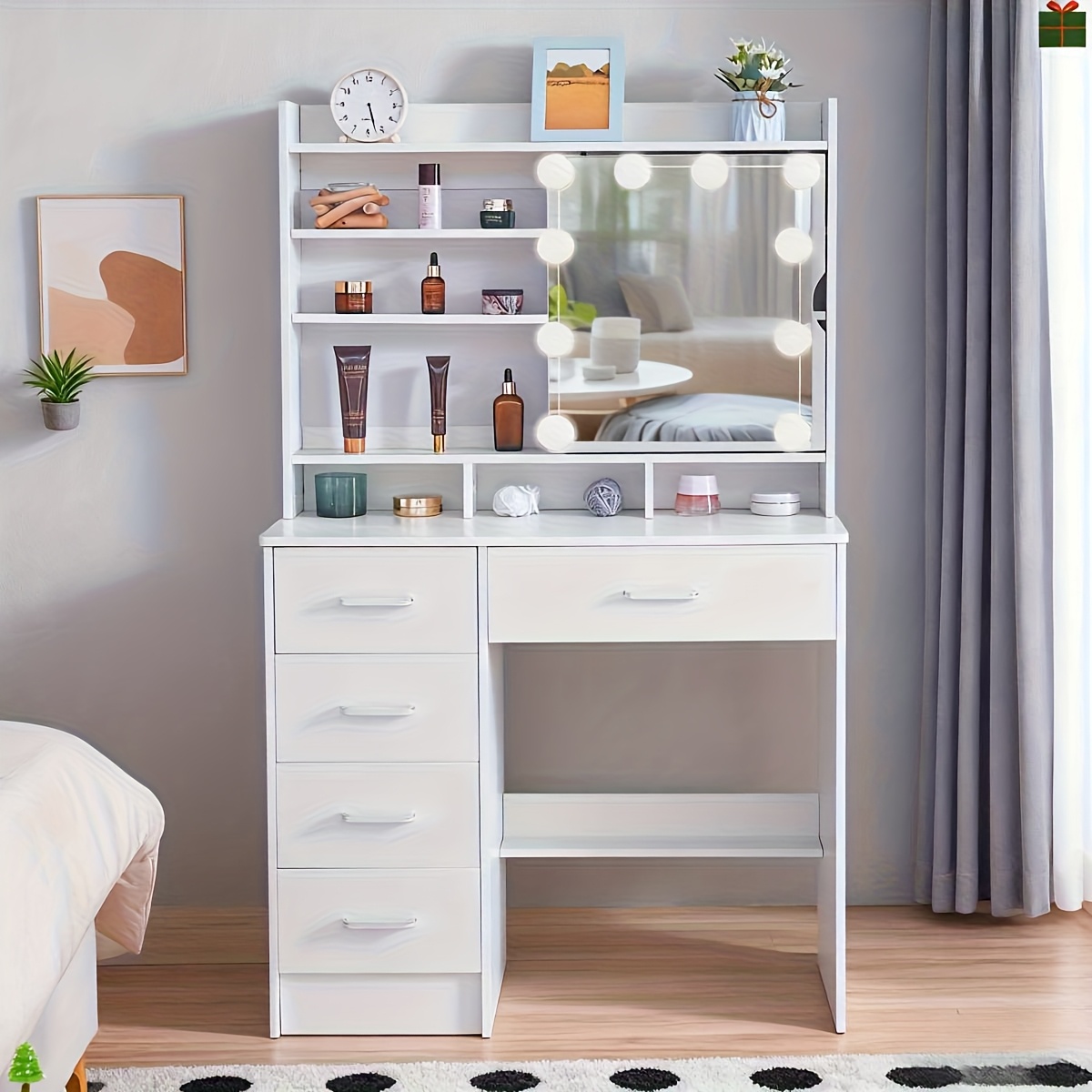 TEMU Christmas New Arrival Ladies' Gift: Vanity Table Features Multiple Led Bulbs In , Adjustable Brightness On -up Mirror, Multiple Drawers, Open