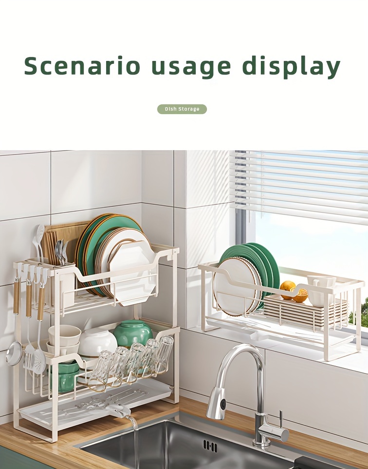 space saving dish rack with drain tray hooks utensil holders multifunctional kitchen organizer for dishes cups knives forks chopsticks Product details 7