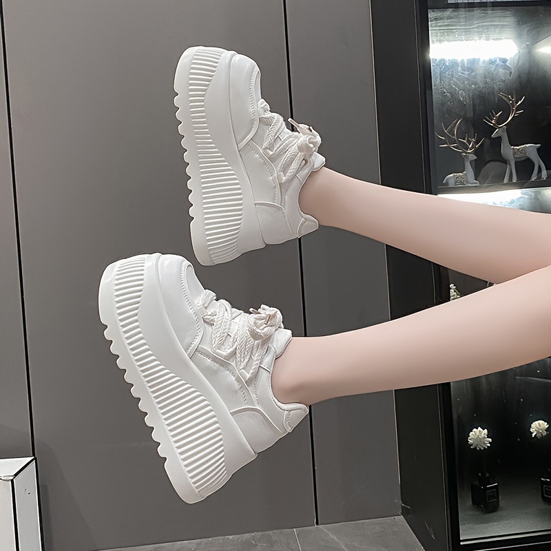 

1 Pair Women's Chunky Sneakers 2024 Spring - Mid-top Lace-up Casual Sports Shoes, Leather Upper, Fabric , , Breathable Fabric Insole, Solid