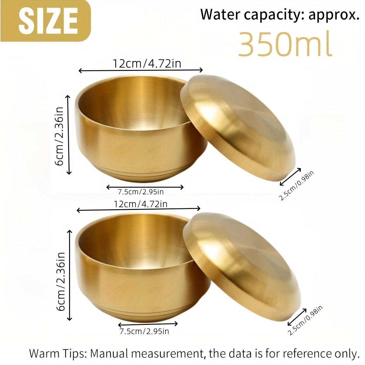 TEMU Juego de tazones para arroz de acero inoxidable dorado SUS304 de 1 pieza/2 piezas con (Capacidad: 350 ml) - Metal dorado con , capa