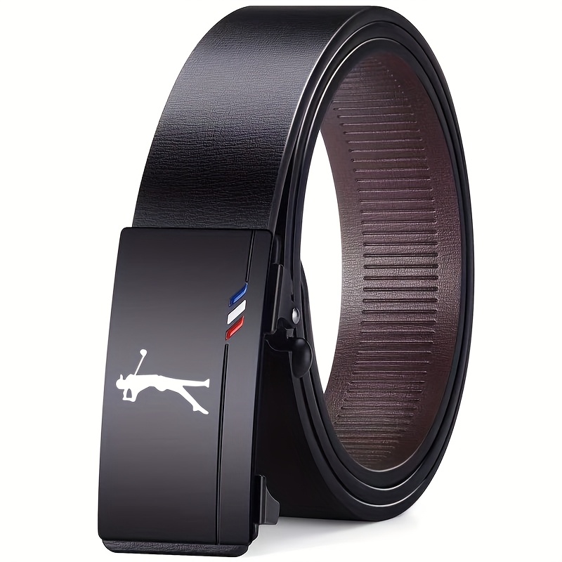 TEMU Men's Golf Pattern Belt - White Golfer Silhouette Design, Premium Pu With Alloy Automatic , Trouser Belt, Suitable For Dress And Casual Pants -