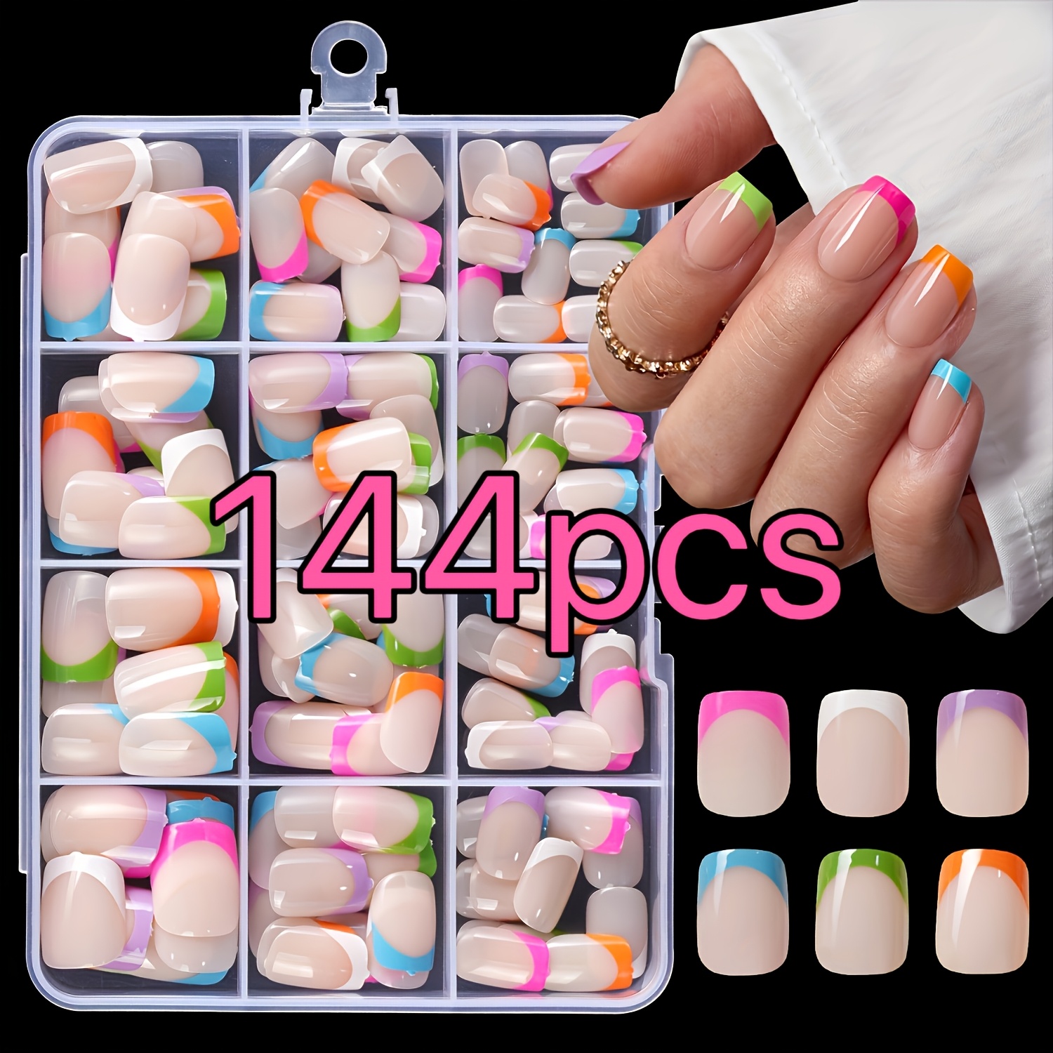 TEMU 144pcs/box Set Of Rose Red, Blue, Purple, Green, Orange, And White Square Short Press-on Nails With A Glossy Finish. Featuring A Full-coverage