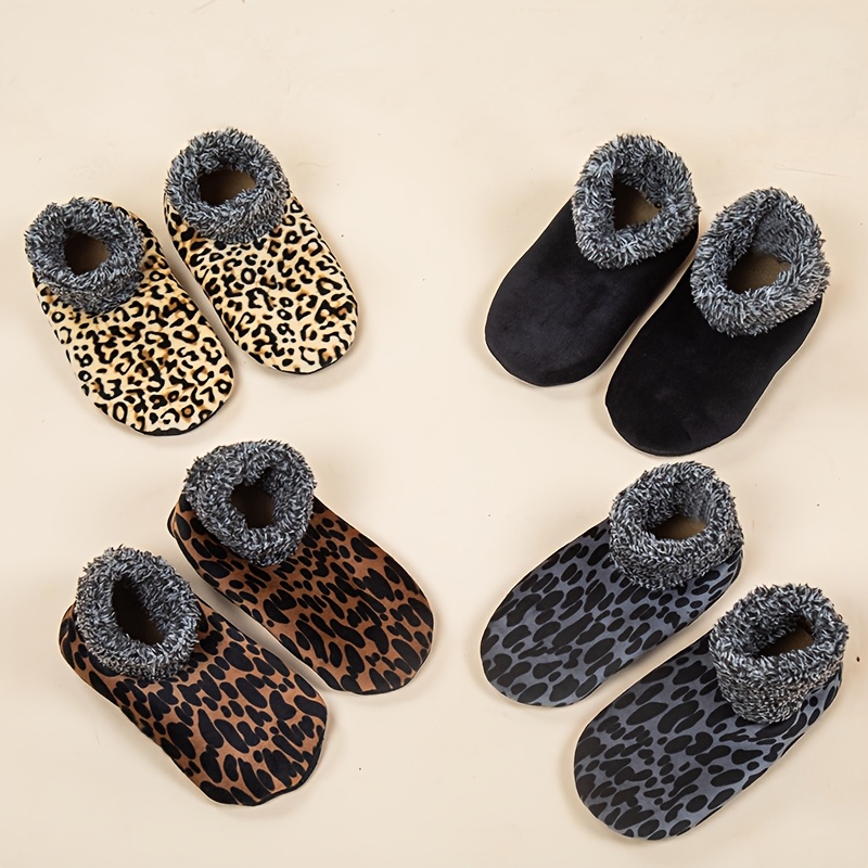 TEMU 5pairs Women's Floor Socks, Leopard Print Women's Winter Indoor Short Socks, Fleece And Thickened Floor Shoes, Indoor Home , Flip Flops