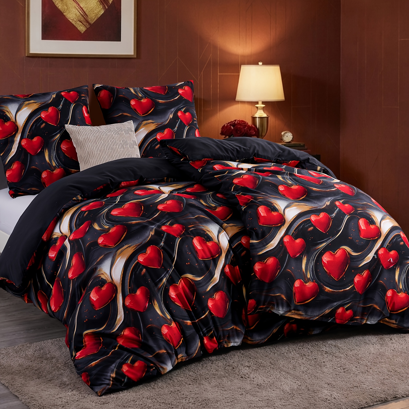 Image of Bed 135x200 4pcs Hearts - Bed Sets, Duvet Cover 135 X 200 2pcs Set With 2 Pillowcases 80x80 Cm, The Fabric Is Soft, Comfortable And Breathable. Bedding Pattern Red Heart With Zipper