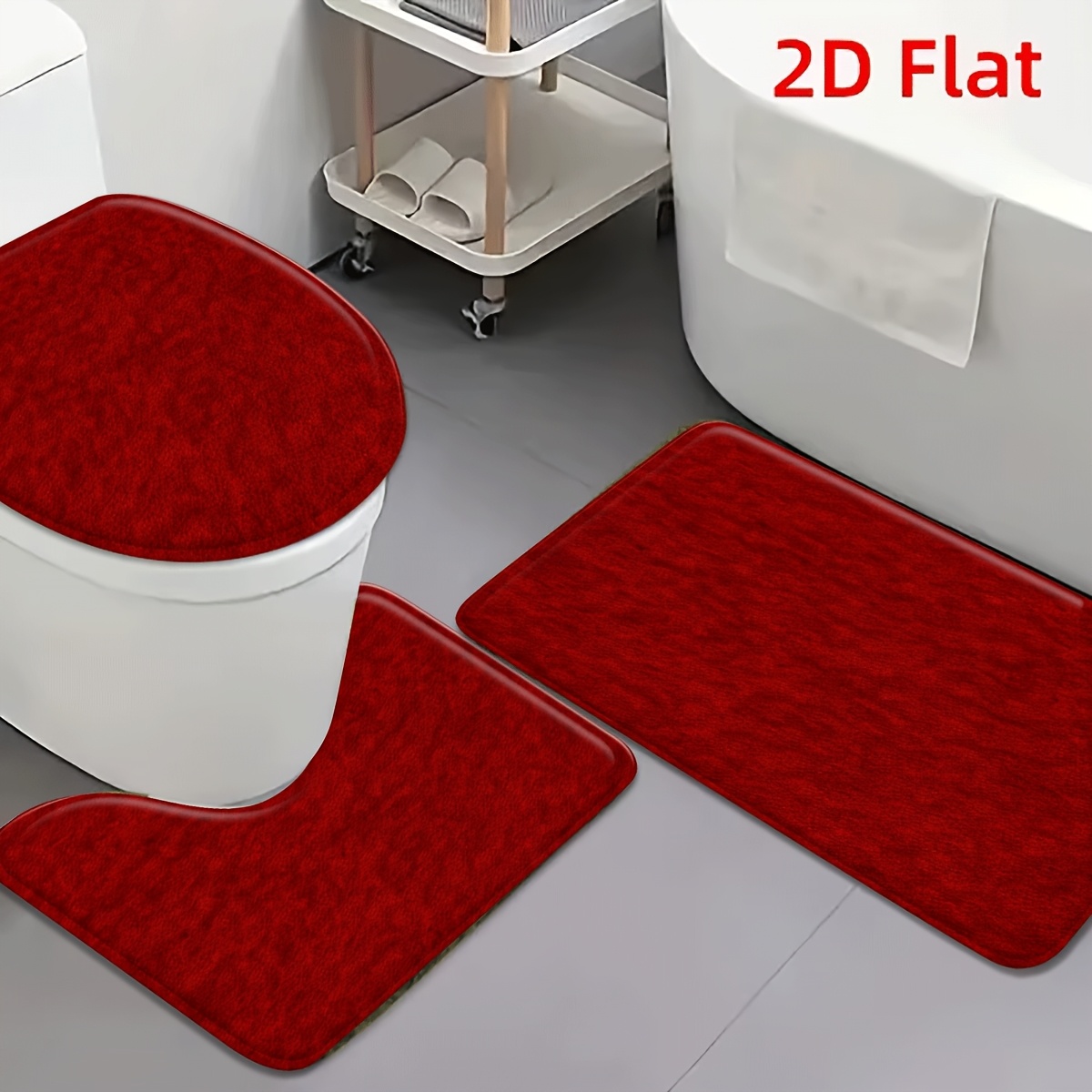 TEMU 3pcs Handmade Soft Absorbent Non-slip Bath Rug Suitable For Bathroom, Entrance, Bedroom - Thick Flannel Mat With Backing, Machine Washable Red
