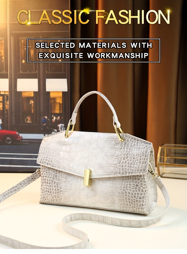 White Crocodile-Embossed Handbag on model
