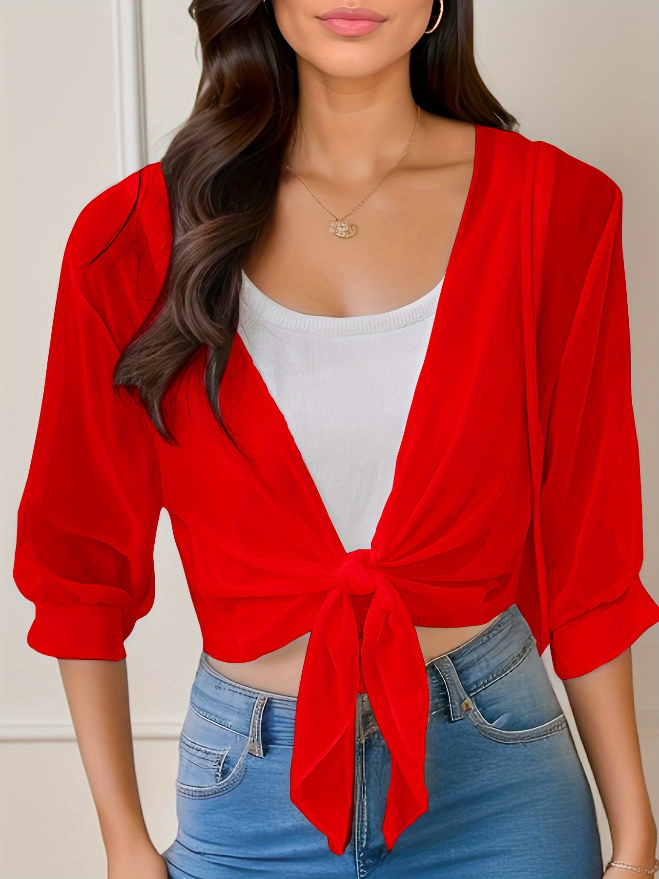 Women'S V-Neck Polyester Cardigan - Solid Color Half Sleeve Short Length with Lace-Up Detail, Non-Stretch Woven Fabric, Spring/Summer Lightweight Chiffon Sun-Protective Clothing