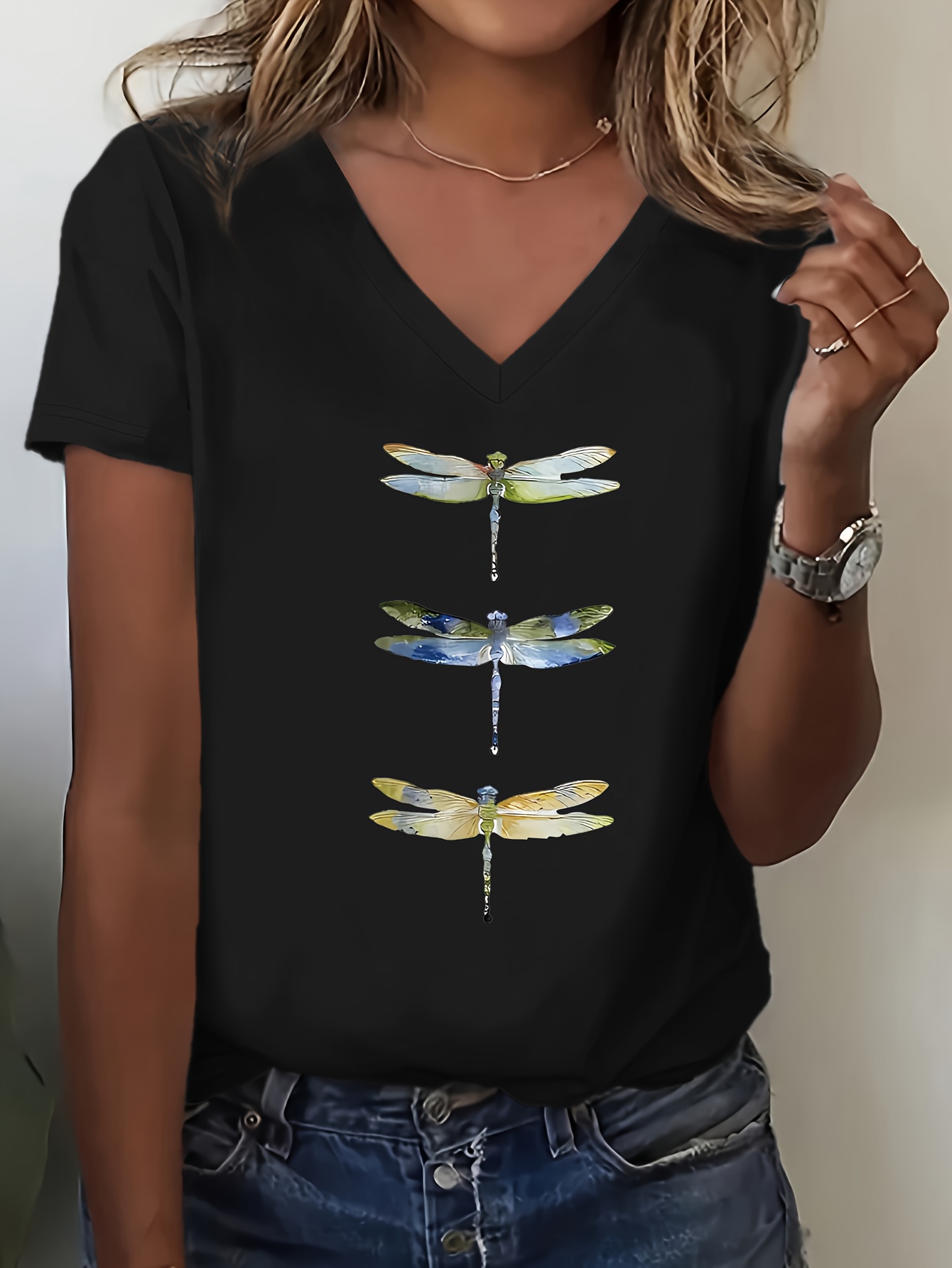 dragonfly pattern print v neck t shirt womens casual short sleeve   polyester fiber suitable for   and outdoor activities   summer autumn womens clothing black 0