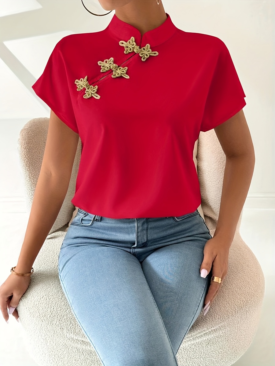 womens elegant chinese inspired blouse red shirt stand Temu