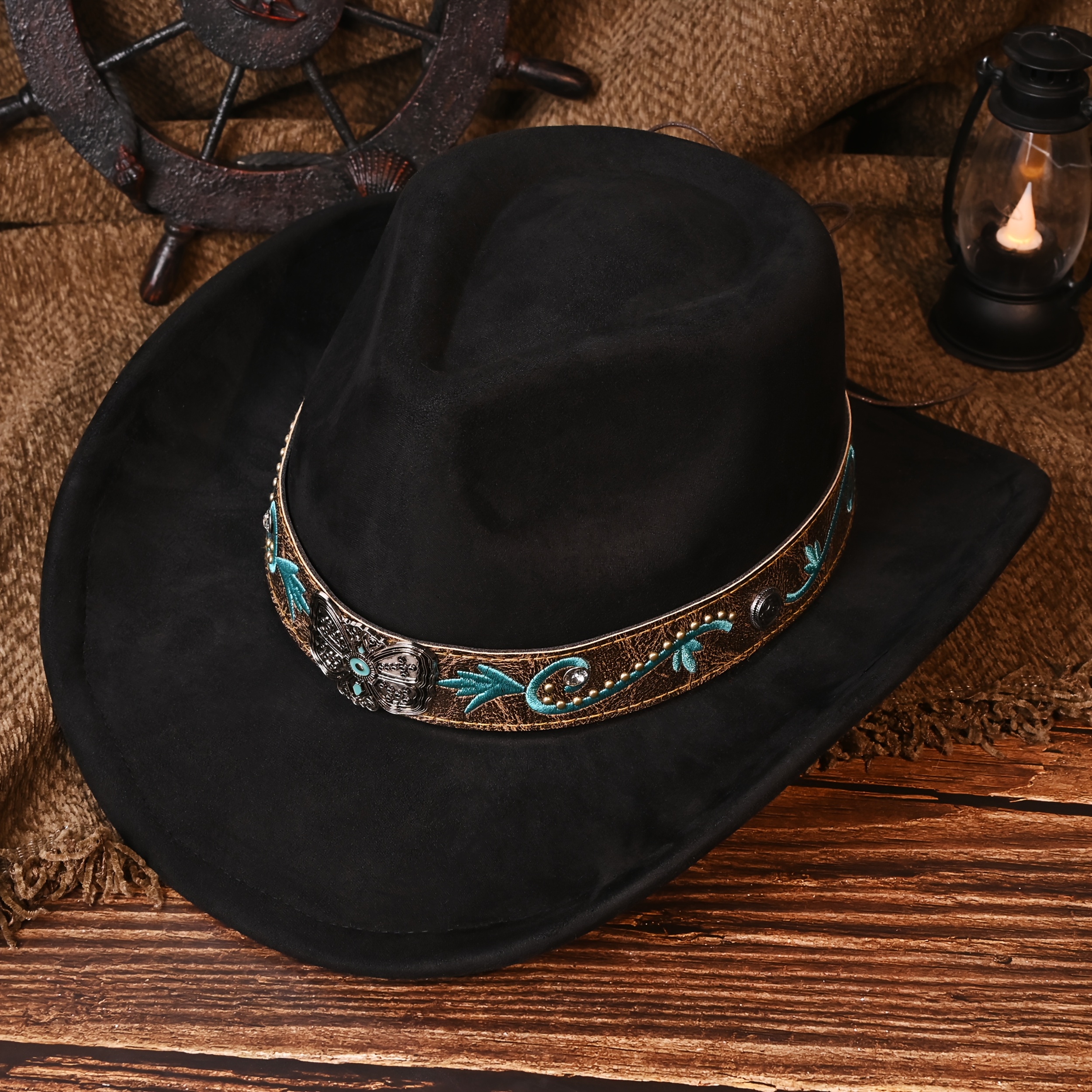 TEMU Western Cowboy Hat With Embroidery, Belt & Rhinestone Accents, Suede Finish, Lightweight Wide Brim For Spring & Fall, Ideal For Outdoor