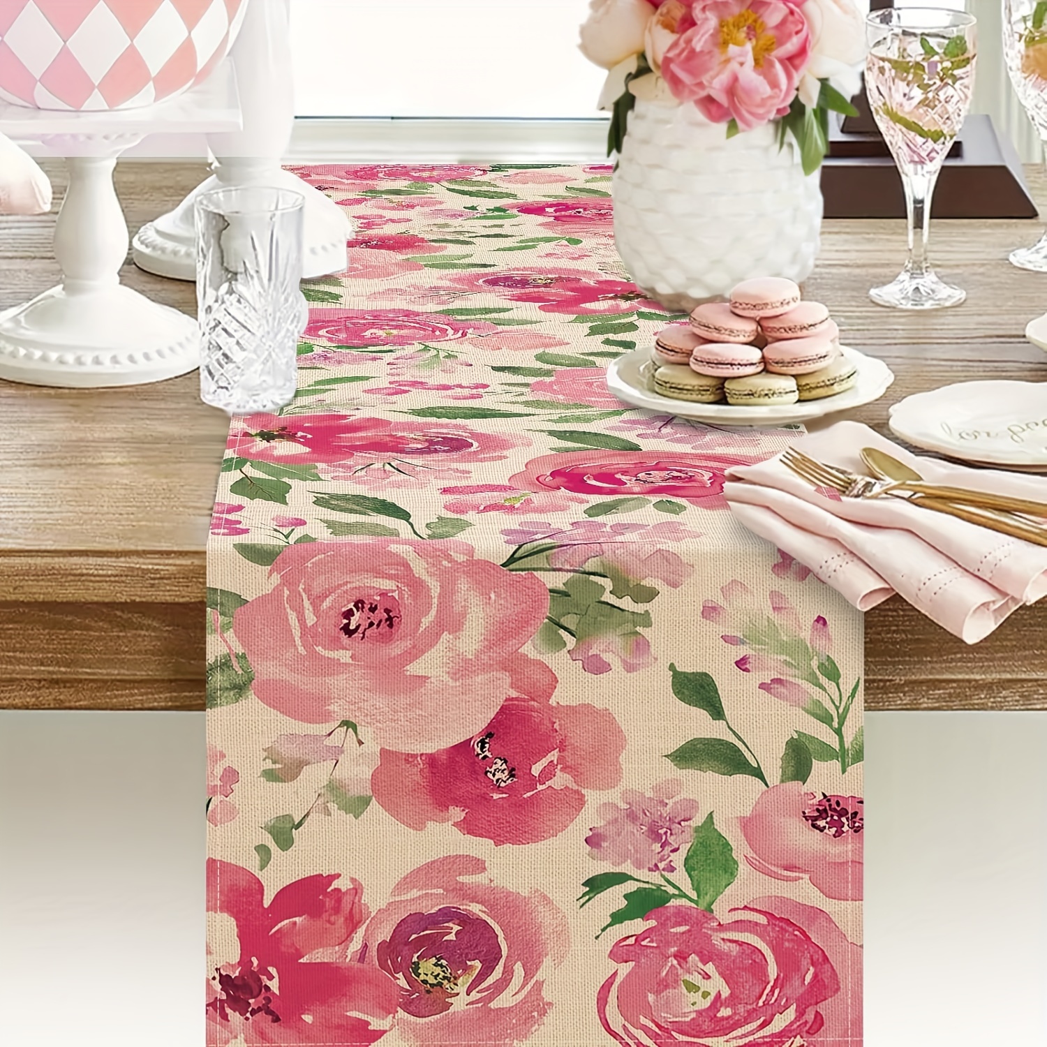 

1pc, Table Runner, Pink Floral Printed Table Runner, Spring Theme Floral Design, Dustproof & Wipe Clean Table Runner, Perfect For Home Party Decor, Dining Table Decoration, Aesthetic Room Decor