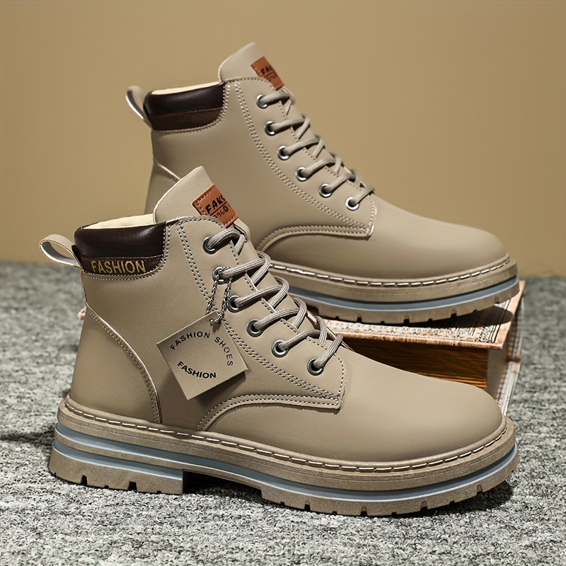 1 Pair KOONEXY Heavy-Duty Ankle Boots - All-Terrain Lace-Up, Anti-Slip PVC Outsole, Beige/Tan, PU/Fabric Upper - for Hiking, Motorcycle Riding, Skateboarding, Construction Work - Multiple Extended Sizes Available. All-Season Outdoor Casual Hiking