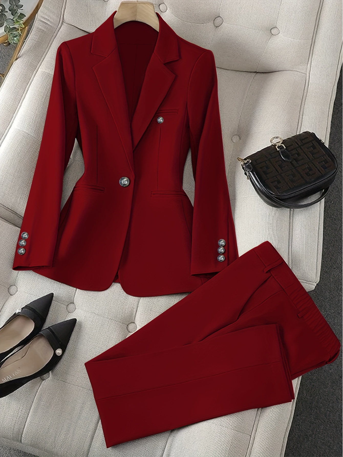Women Two Piece Set Autumn Casual Simple Solid Lapel Single Breasted Button Long Sleeve Long Shirt Top Slim Pants Sets