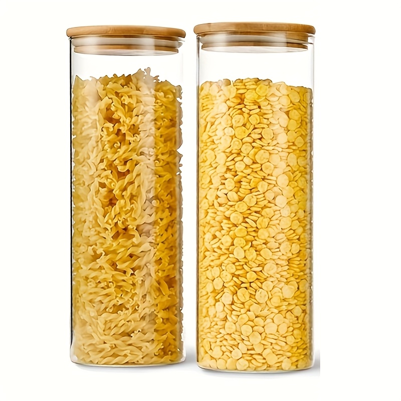 A Vertical with a Bamboo Cover, Including Three Containers, a Glass Jar,  And a Kitchen Jar, Ideal for Storing Noodles, Spaghetti, And Coffee Beans, 