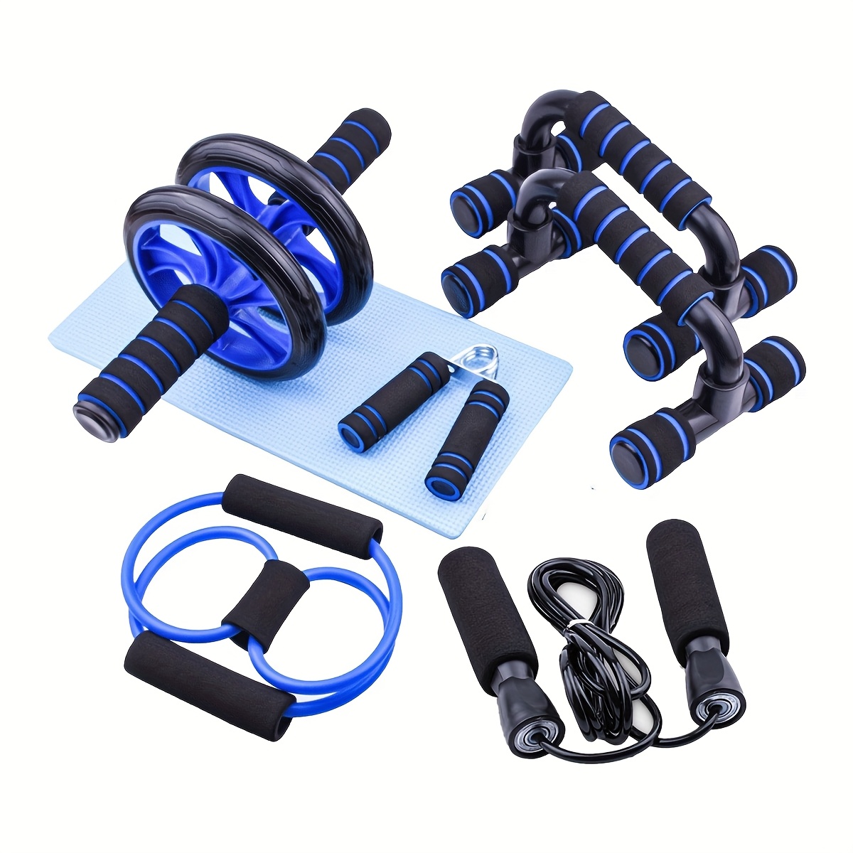 TEMU Set Completo de Ejercicios para Abdominales de 7 piezas con Soporte para Flexiones, Rueda Abdominal, Mini Tapete, Banda de Resistencia, Cuerda