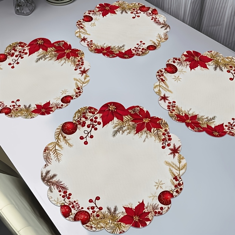 TEMU 4pcs Set / Christmas Themed Exquisite Printed Wavy Placemats, 13.8 Inches, 2d Print With Background Featuring Red Poinsettias, Red Berries, And