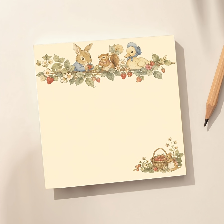 TEMU Cute Strawberry Rabbit Squirrel Duck Memo Pad, Vintage Cottagecore Floral Animal Writing Notepad, Strawberry Harvest Aesthetic Design, List