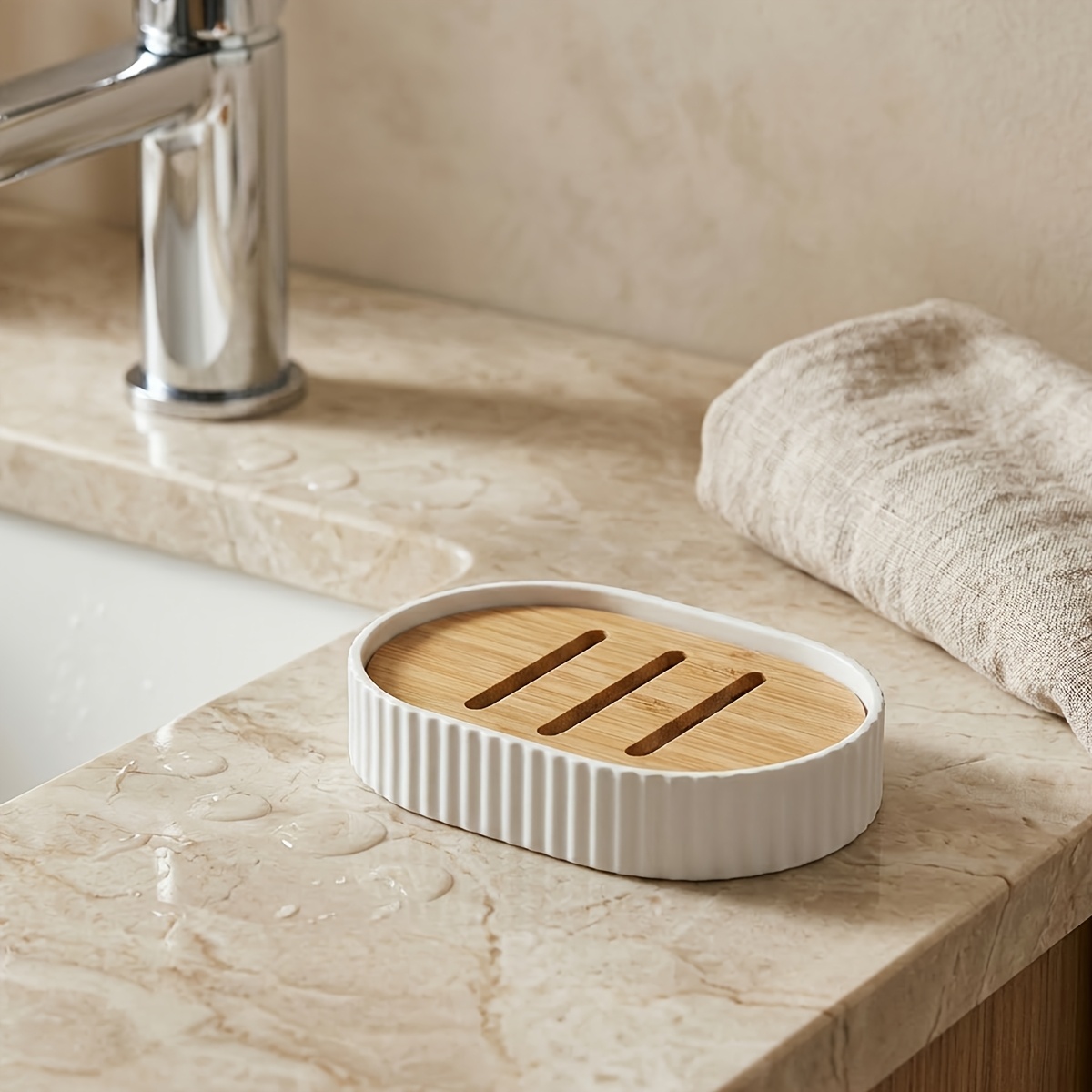 Soap Dish, Soap Holder With Drainage, Wooden Soap Dish For Shower, Bathroom, Sink, Kitchen And Countertop, Gravel White
