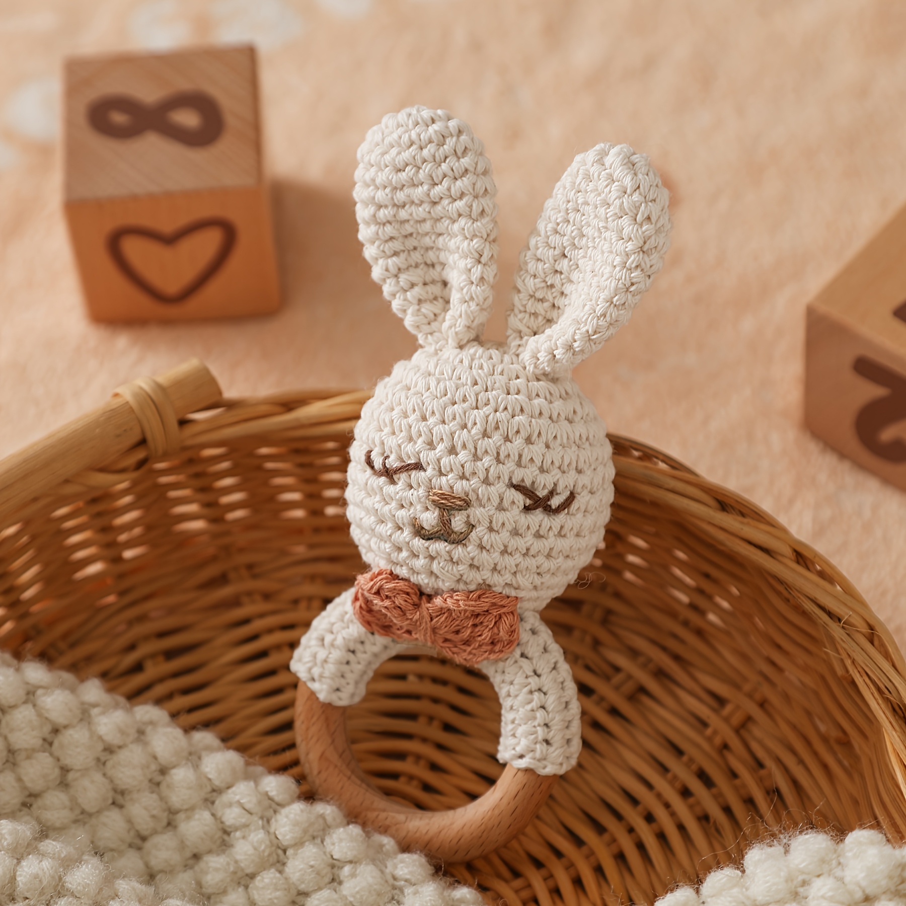 Hand-Knitted Bow Tie Bunny Rattle Toy for Infants
