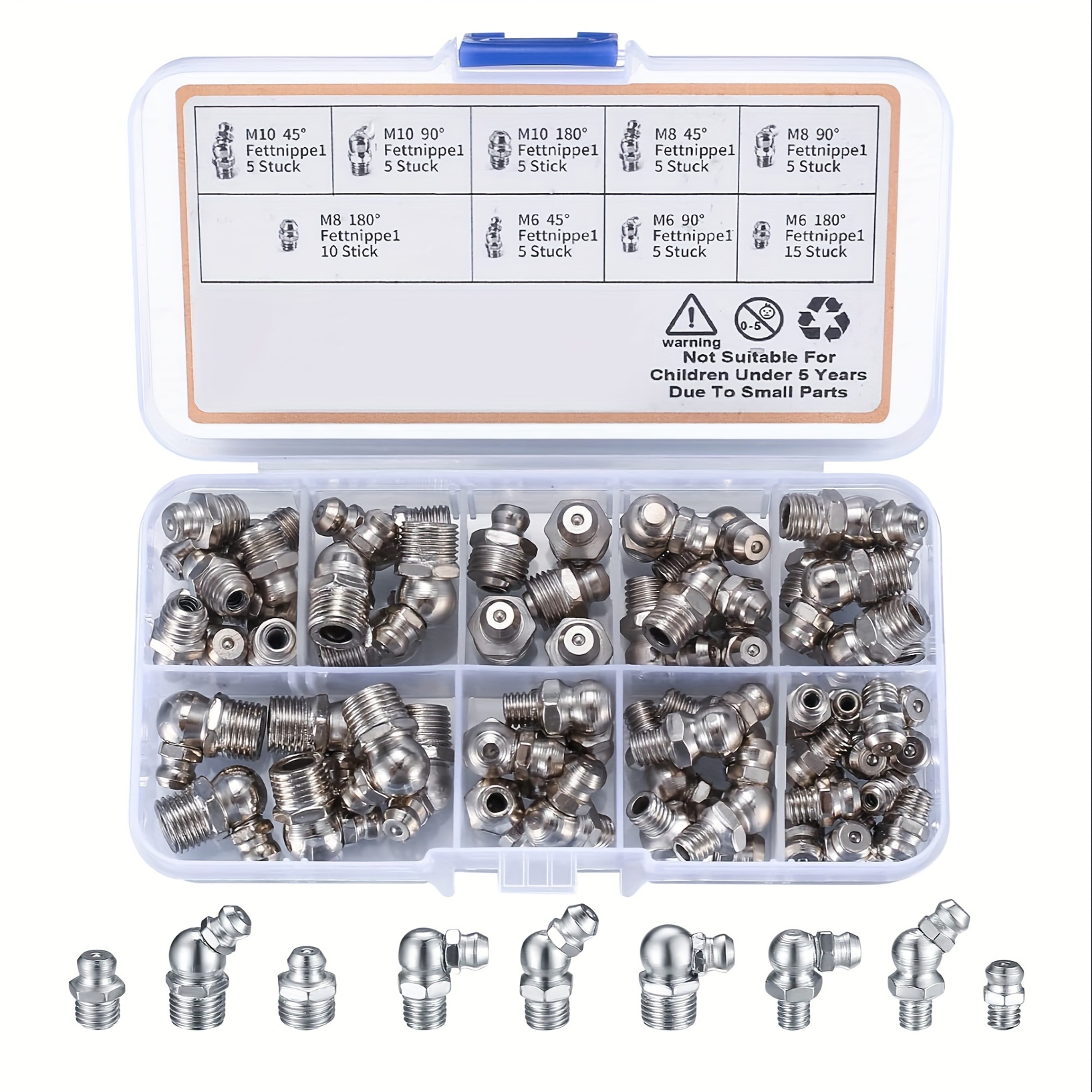 

60-piece Metric Grease Fitting Kit, M6 M8 M10, 180° 45° 90° Angles, Metal Hydraulic Lubrication Accessory Set For Grease , Polished Head In Assorted Sizes For Mechanical Parts Maintenance