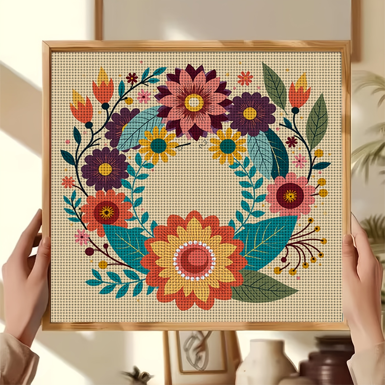DIY Cross-stitch Printed Kit, Unframed Colorful Flower Wreath Pattern