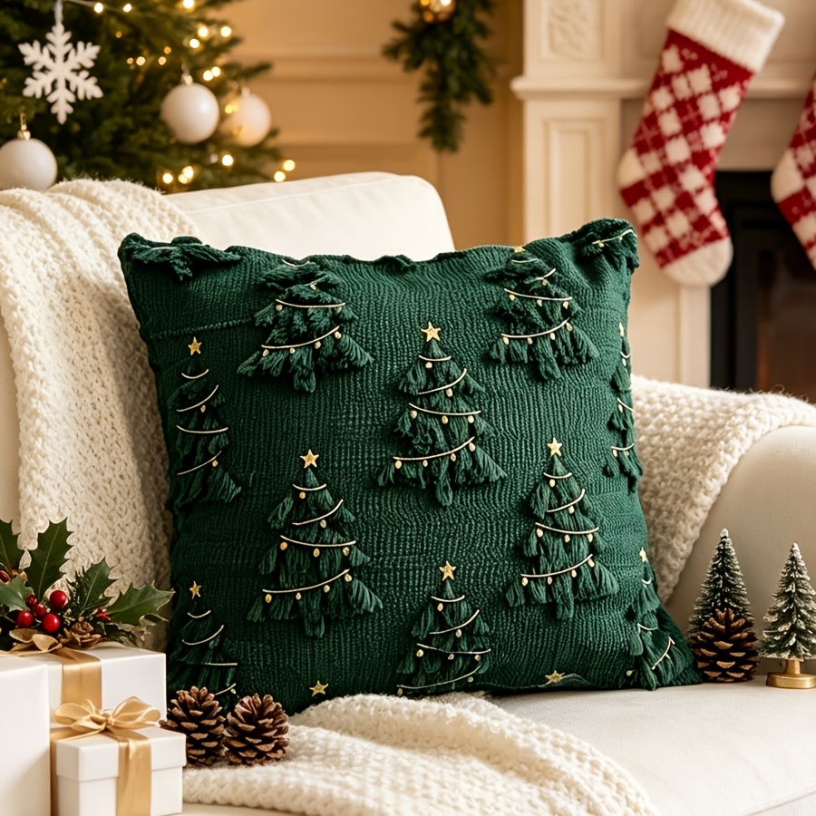 TEMU 1pc, 3d Christmas Tree Quilted Throw Pillow Cover, Embroidered , Luxury Decorative Cushion Covers, 18x18 Inch Pillowcase, Decoracion Hogar,