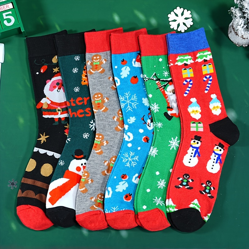 

6-pair Pack Unisex Christmas Holiday Socks, Long Crew Knit Fabric, Polyester And Elastane , Santa And Snowman Designs, Breathable And Warm, Machine Washable - Fits Most