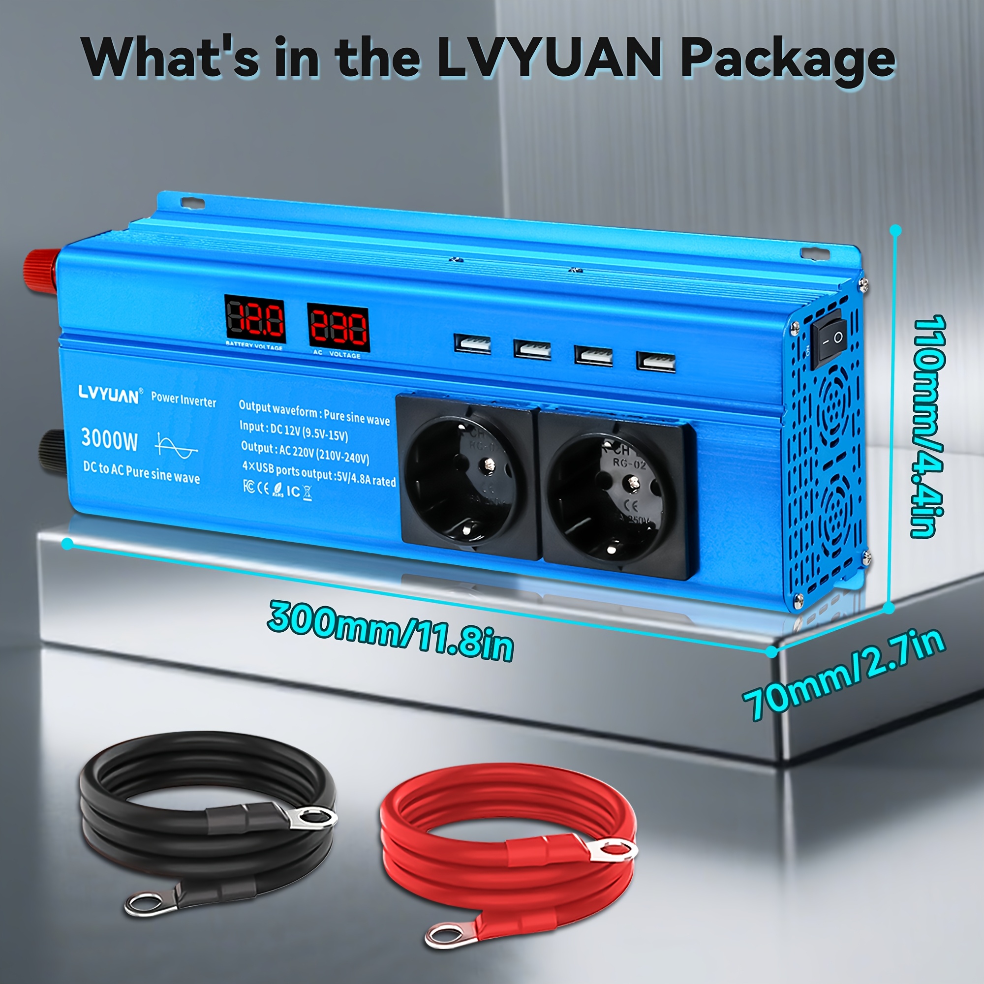 Image of Lvyuan Pure Sine Wave 1500w/3000w () 12v To 230v/240v Ac Power Converter With 2 Ac Outputs, Car Inverter With Lcd Display, Suitable For Cars, Boats, Trucks, Rvs, And Solar-powered Travel And Camping
