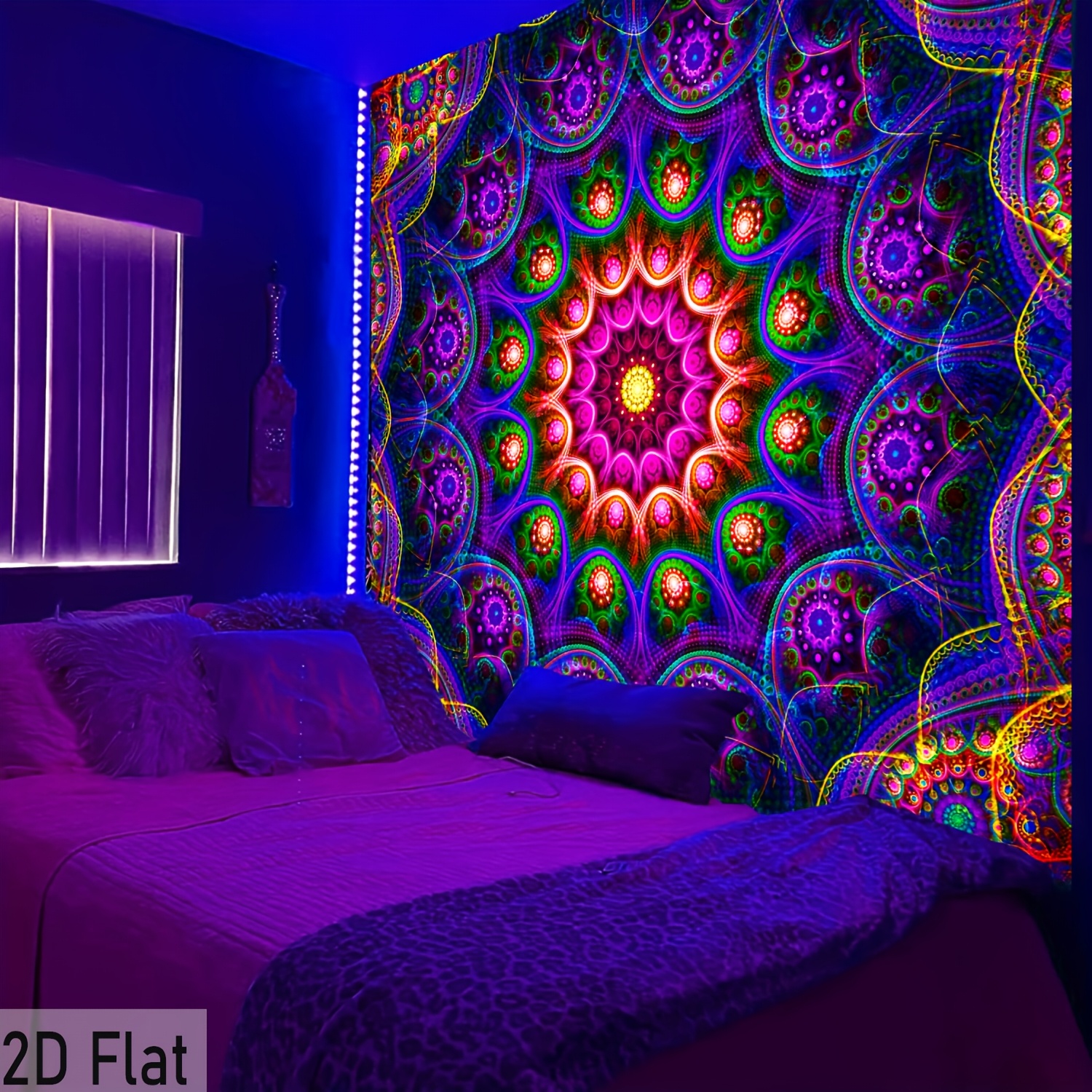 TEMU 2d Flat - 2d Flat - 1pc 2d Flat Bohemian Mandala Fluorescent Tapestry | Hippy Colorful Polyester Uv Blacklight Tapestry, Wall Hanging For Living