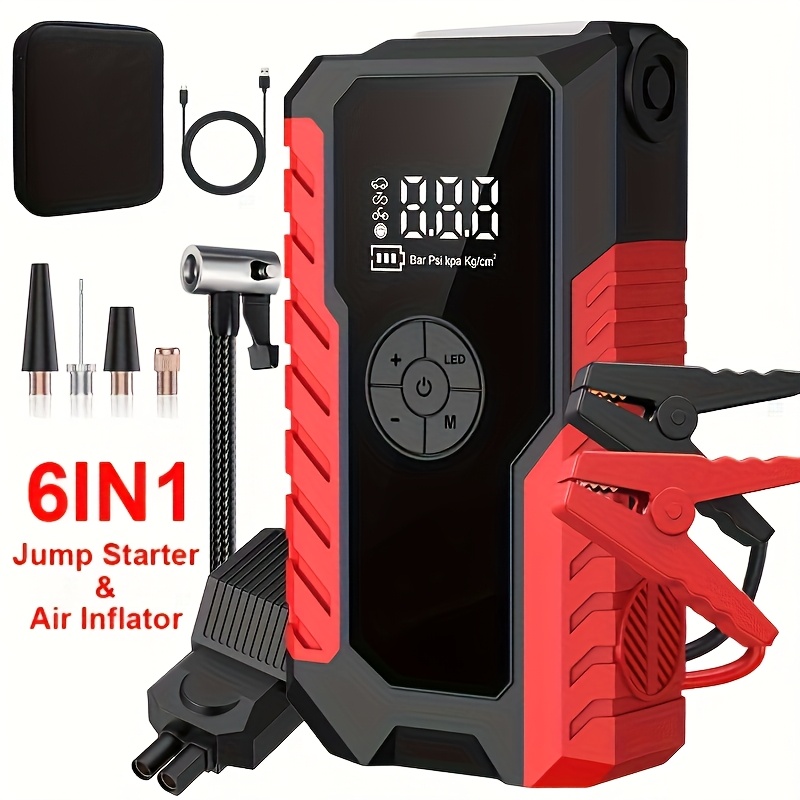 5000a portable wireless car jump starter with air compressor 20000mah lithium polymer battery fast charging usb c power bank 12a output led flashlight for 12v cars trucks suvs motorcycles emergency light inflator pump in one compatible with 8 0  1 72 diesel engines   off grid use compact portable design Product details 1