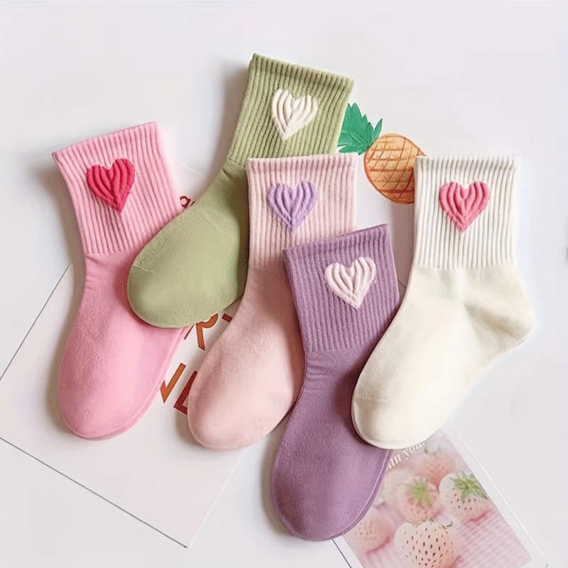 5-pack Girls' Sweet Heart Mid-calf Socks - Macaron Colors (,,,,) With Heart Patterns, Soft & Socks For, & Parties - /off For Sensitive Feet